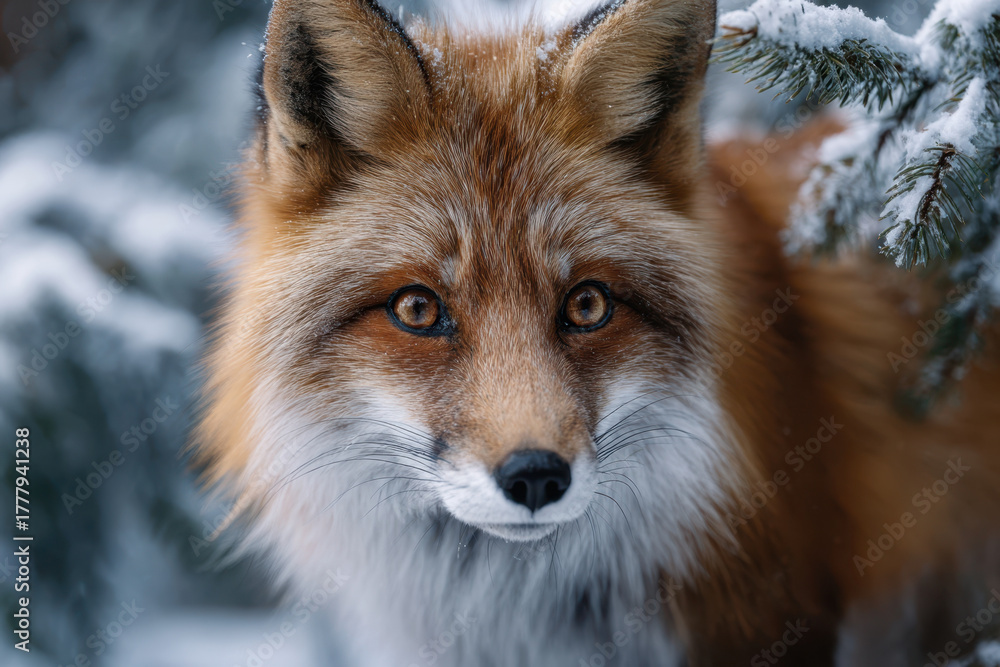 Fototapeta premium Red fox explores snowy forest in winter