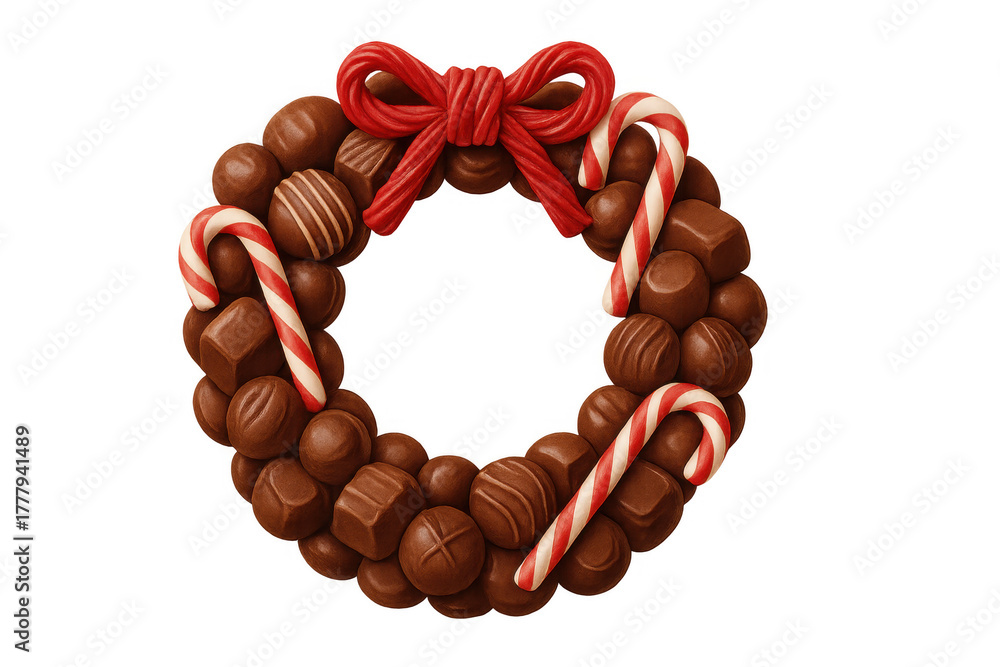 Obraz premium Christmas chocolate wreath with candy canes and red bow, festive holiday dessert food illustration on transparent background