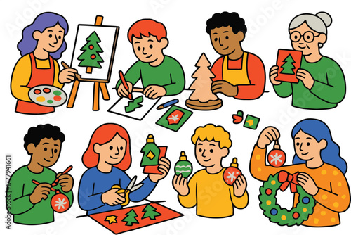 Diverse group of people crafting christmas decorations together joyfully