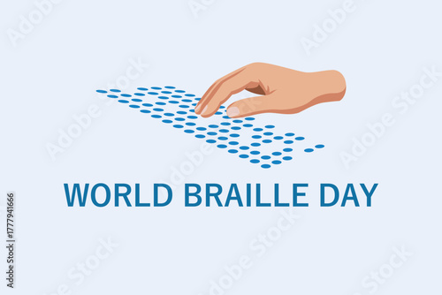 Vector illustration of a hand reading Braille dots, symbolizing World Braille Day awareness. Perfect for accessibility campaigns, educational materials, and inclusion themes.