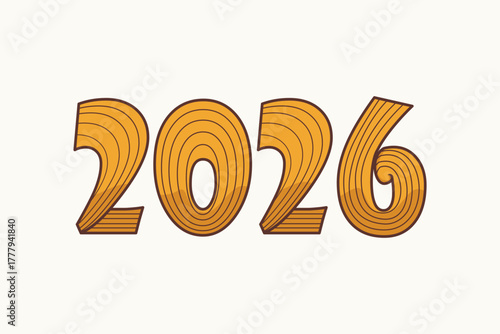 Creative retro style typography of the number 2026 in orange tones with curved line patterns. Perfect for New Year greetings, posters, calendars, and festive designs.