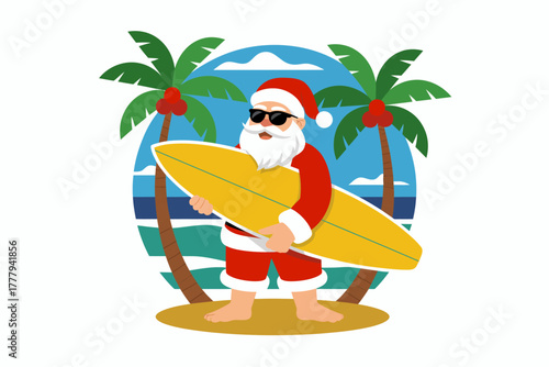 Joyful Santa Claus with surfboard on a tropical beach, ready for holiday fun