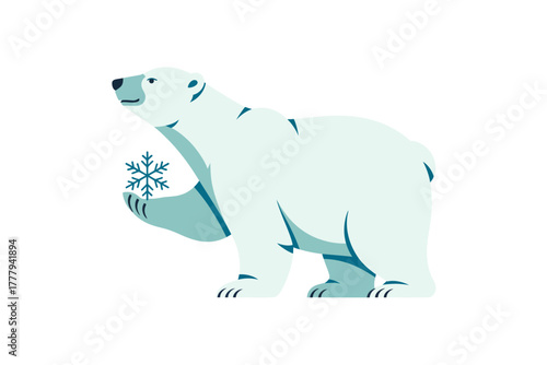 Friendly polar bear holds delicate snowflake, evoking winter wonder and arctic charm.