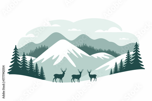 Majestic deer roam through a serene winter mountain landscape with snow-capped peaks.