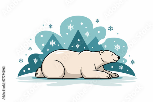 Peaceful polar bear resting amidst a serene winter landscape with snowflakes and mountains.