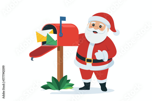 Cheerful Santa Claus checking his red mailbox filled with holiday letters