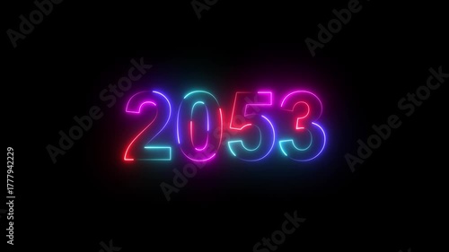 2053 neon line text. Abstract 2053 neon text animation, Glowing neon number text background. Four color Glowing neon line number text background 4k. happy new year 2053 animated