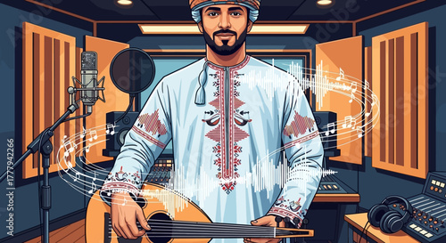 Cartoon style image features a man in an omani dress playing lute in a studio. Great for music marketing, album art, social media use.