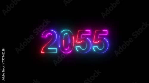 2055 neon line text. Abstract 2055 neon text animation, Glowing neon number text background. Four color Glowing neon line number text background 4k. happy new year 2055 animated