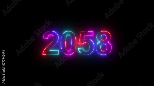 2058 neon line text. Abstract 2058 neon text animation, Glowing neon number text background. Four color Glowing neon line number text background 4k. happy new year 2058 animated