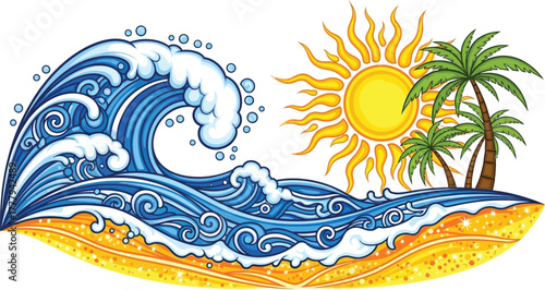 Ocean wave sun palm trees beach vector