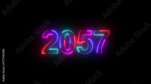 2057 neon line text. Abstract 2057 neon text animation, Glowing neon number text background. Four color Glowing neon line number text background 4k. happy new year 2057 animated