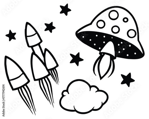 Whimsical hand drawn outline illustration of a flying saucer ufo with beams and planets in a starry night sky