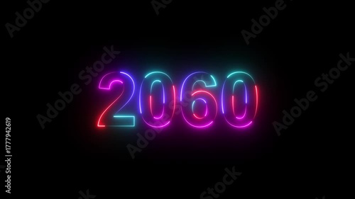 2060 neon line text. Abstract 2060 neon text animation ,Four color neon Glowing neon number text background 4k video animated .Happy new year 2060 greetings new year concept