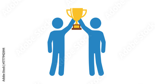 Two people celebrating victory together raising a gold trophy proudly