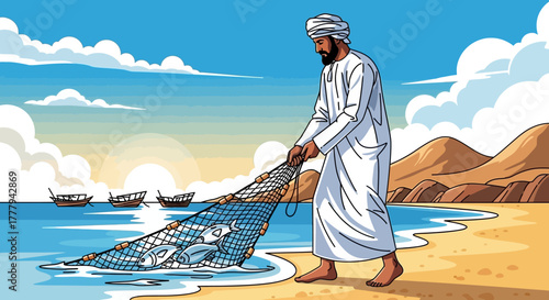 Colorful illustration of fisherman. Cartoon style graphic, shows Omani dress, beach, bright sky. Use for tourism promo, children's book, travel blog.