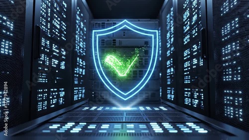 Wallpaper Mural Glowing shield with green checkmark verification symbol in datacenter server room corridor. Cybersecurity protection, network security validation, it infrastructure defense, data safety certification, Torontodigital.ca