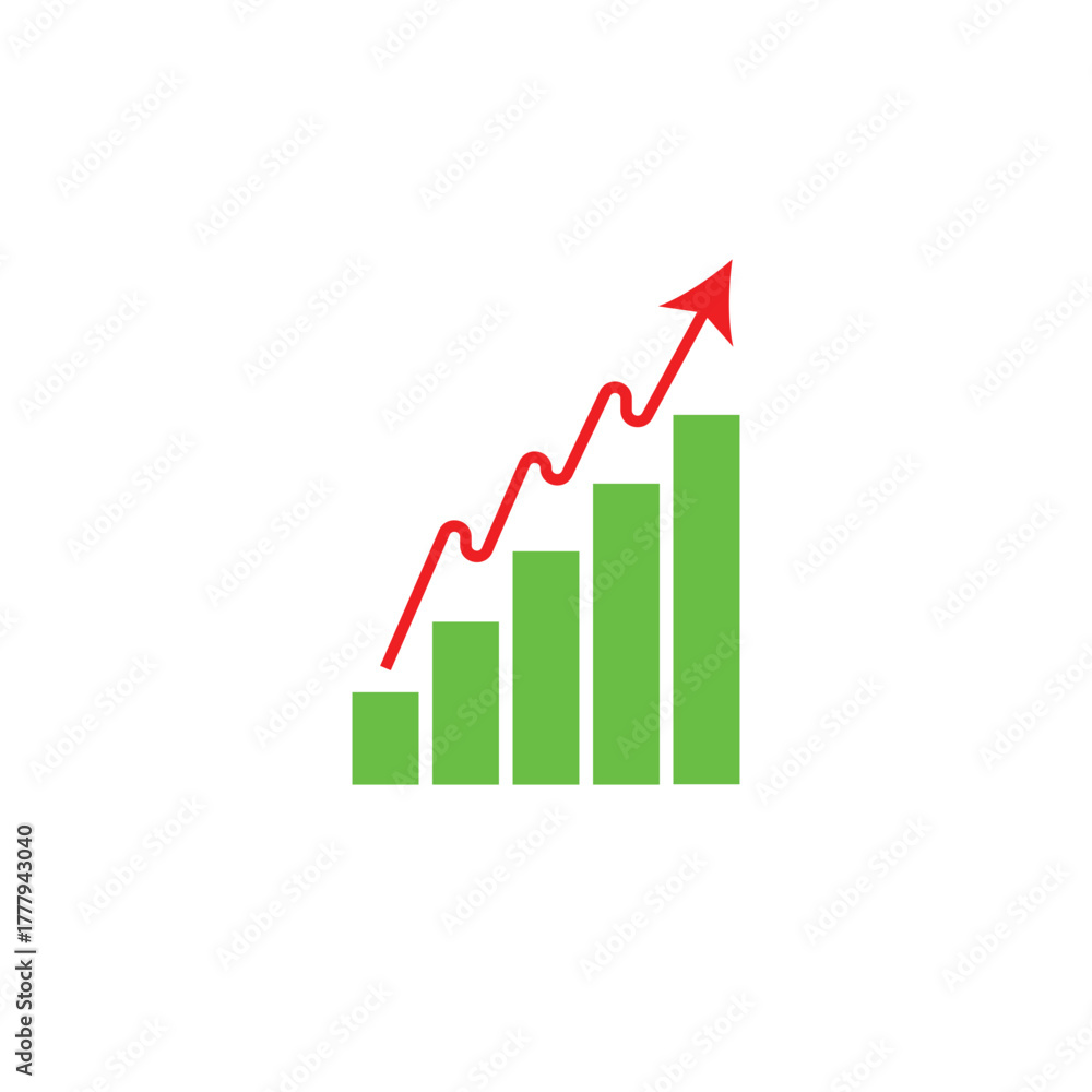 Fototapeta premium Green bar graph with red arrow trending upward a simple vector illustration for business growth and financial success isolated on white
