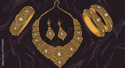 Gold jewelry shines on dark fabric. Elegant, detailed illustration for branding, advertising, and product mockup.