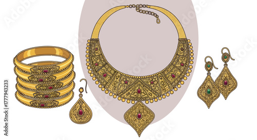 Golden Jewelry Art. Intricate design showcases jewelry elements for cultural branding, artistic illustration, or Omani dress design.