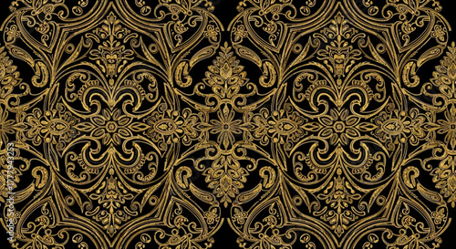 Gold ornate pattern on black creates an elegant, luxurious texture. Perfect for backgrounds, branding, web design, or omani dress designs.