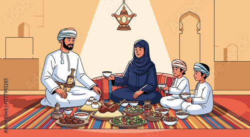 Cartoon Family Feast: Oman Family in Omani Dress sits at the table with a variety of food. Great for video background, social media.