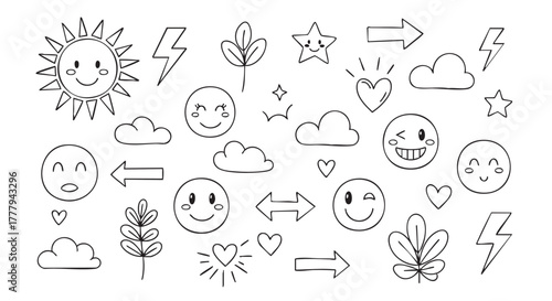 Cute doodle illustration with sun cloud lightning and smiley faces vector