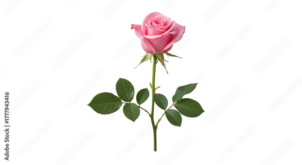 Fototapeta premium Single Pink Rose, with green leaves and stem, isolated on white or transparent background, PNG