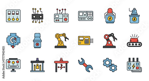 Set of colorful industrial automation robotics and manufacturing technology icons.