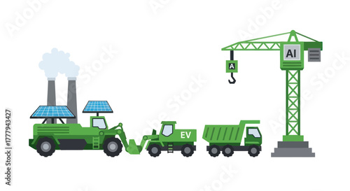 Collection of green eco-friendly construction vehicles with solar panels and an AI crane.