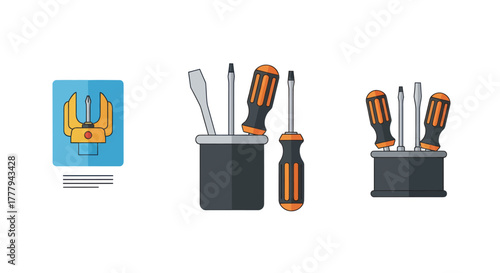 Screwdrivers and Bits: Tools for Repair and Construction Arranged in Holders.