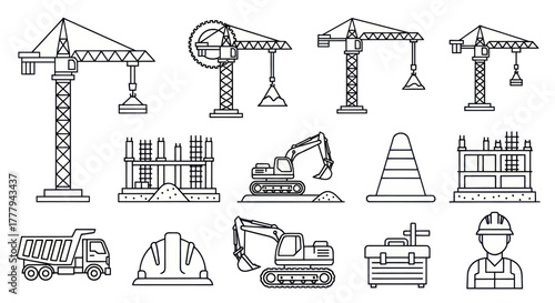 Line Art Icons of Construction Site Equipment Cranes Excavators and Building Elements.