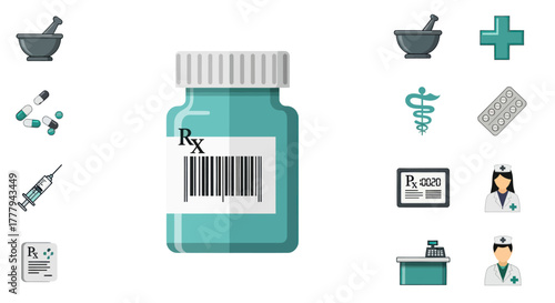 Turquoise Prescription Medicine Bottle with White Label and Barcode.