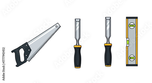 Assortment of Hand Tools: Saw Chisels and Level.