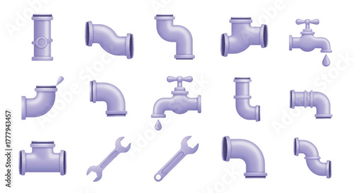 Cartoon plumbing pipes fittings faucets and wrenches set.