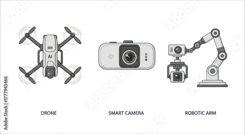 Drone Smart Camera and Robotic Arm: Modern Technology Icons.