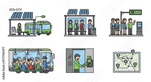Eco-City Public Transport and Sustainable Urban Life Illustrations.