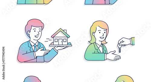 Real Estate Agent Presenting a House and Handing Over Keys Gradient Color.