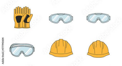 Safety Gear Collection: Gloves Goggles and Hard Hats.