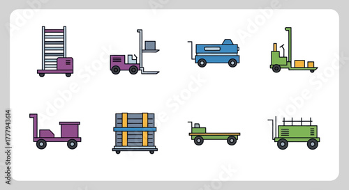 Collection of Colorful Industrial Trolleys and Carts for Transportation and Material Handling.