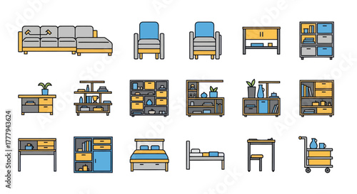 Collection of Colorful Furniture Icons: Sofa Armchair Cabinets Bed and Table.