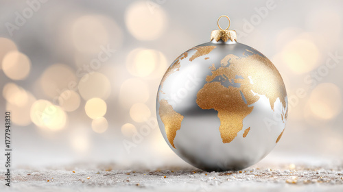 Fototapeta Naklejka Na Ścianę i Meble -  Decorative Christmas ornament featuring a world map design in gold and silver, set against a blurred festive background with soft bokeh lights