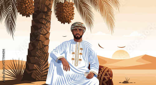 Illustrated desert scene features a man in an omani dress under a palm tree. Ideal for cultural presentations, travel blogs, or branding.