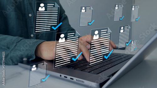Digital documents with check marks verified staff records and online HR management. Employee approval process management.	
