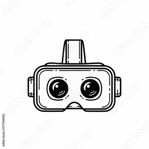 Stylized illustration of a virtual reality headset with large, expressive eyes, representing immersive technology and digital exploration.