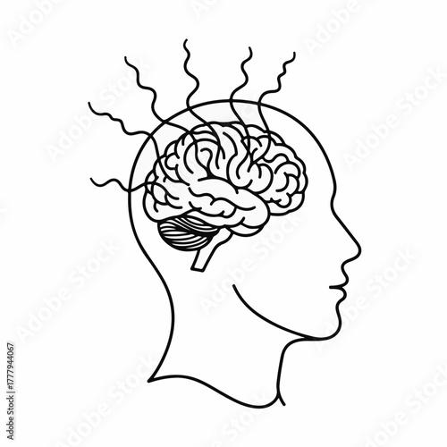 Illustration of a human head with a detailed brain showing thought waves emanating outwards.