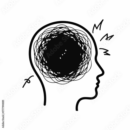 Silhouette of a head with a chaotic, tangled mind, symbolizing stress and confusion.
