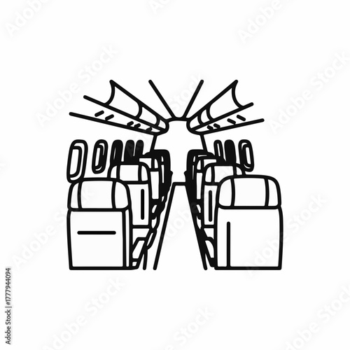 Empty airplane cabin with rows of seats and overhead compartments