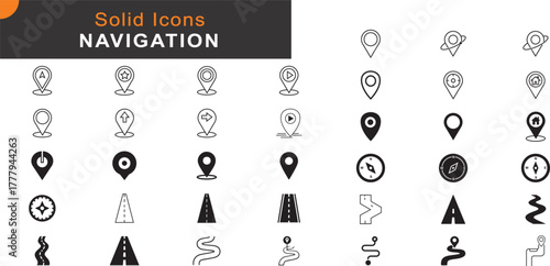 Solid and Line Map Navigation Icons Set