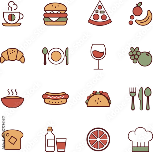 Flat Line Color Food and Drink Icons Set